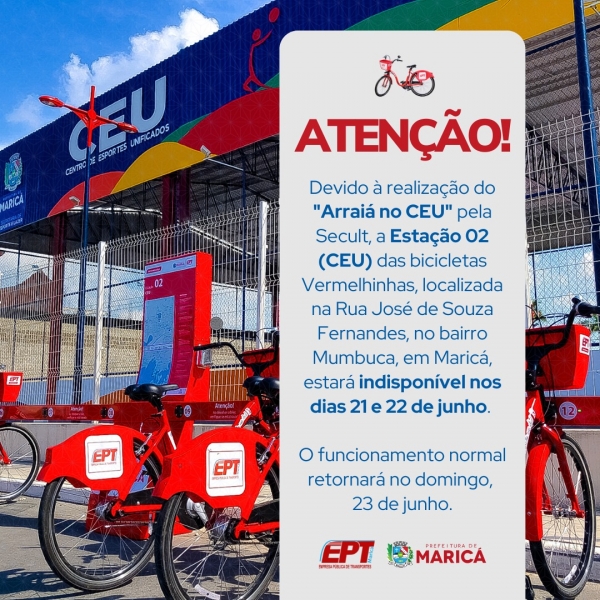 Indisponibilidade Temporária da Estação 02 das Bicicletas Vermelhinhas em Maricá